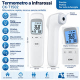 Termometro a Infrarossi CK-T1502 Senza Contatto, Misurazione Temperatura in 1 Secondo, Memoria 32 Letture, Allarme Febbre 38°C, Display Retroilluminato, °C/°F