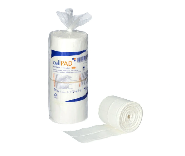Tamponi in cellulosa pretagliati in rotolo CellPAD. Elevata assorbenza, ideali per medicazioni e uso ospedaliero. Confezioni sterili, CE.